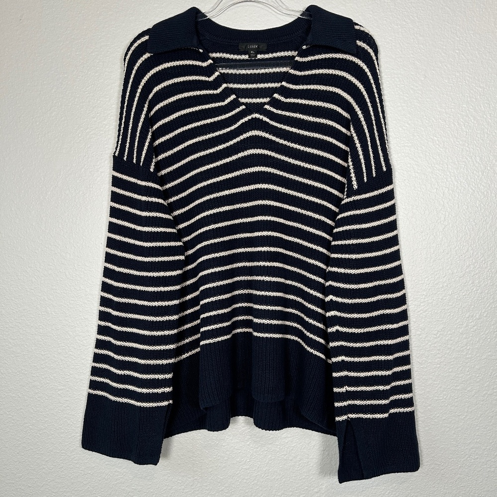 J. Crew women size XL relaxed collared sweater navy stripe cotton preppy